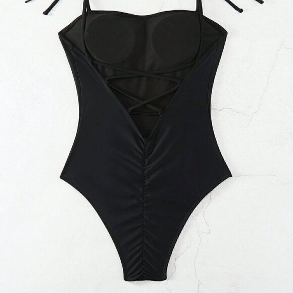 Black Vacation Style Women's Swim Summer Beach Solid Color One-Piece Swimsuit - Picture 4 of 5